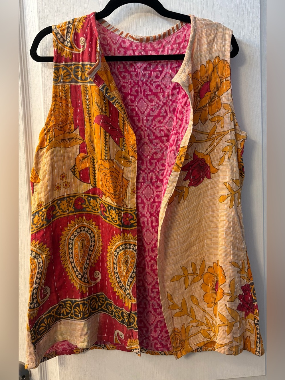 Kantha Bae Boho Patchwork Reversible Tunic Vest - Pink, Mustard & Red OS Vibrant